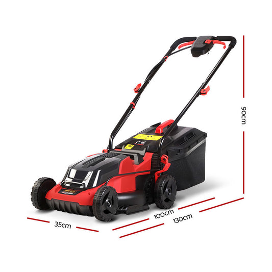 Red and black lawn mower with dimensions indicated on a white background