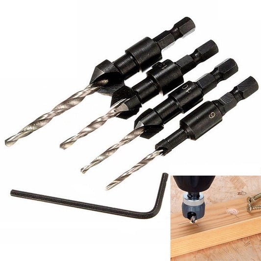 4Pcs Countersink Drill Bit Set with Wrench, Quick Change Hex Shank 1/4 Inch