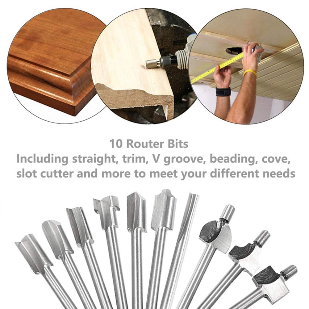 10Pcs HSS Router Bits Set, Wood Cutting Milling Cutter Compatible with Dremel Rotary Tools for DIY Woodworking, 1/8 Inch Shank