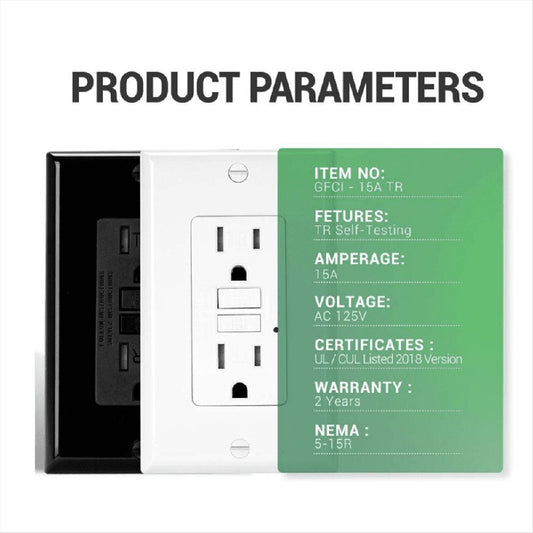 Outlet 15 Amp, Self-Test GFI Electrical Outlet, Tamper GFCI Receptacle with Wall Plate Black