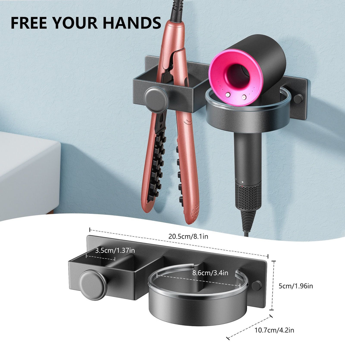 Hairdryer Holder Wall Mounted Hair Straightener Holder, Blow Dryer Holder, aluminum alloy Hair Tool Organizer for Straighteners, Hair Dryer, Brush, Curling Iron