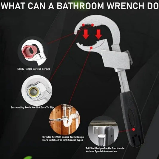 Large-Open Adjustable Basin Wrench, 3-Head Interchangeable Tight-Space Plumbing Tool, Aluminum Alloy Anti-Slip Home Maintenance Tool(Red handle)