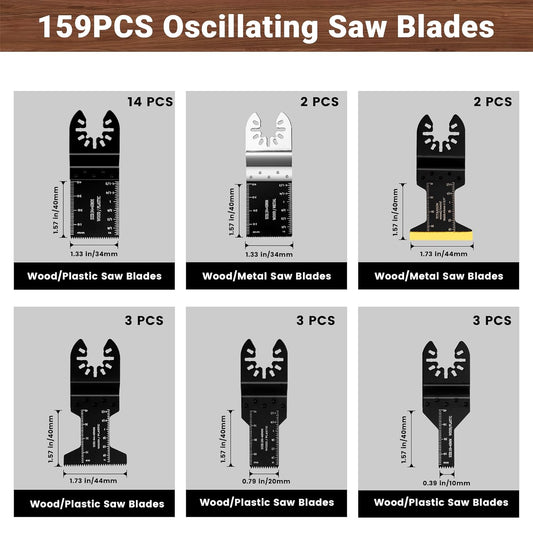 159 PCS Oscillating Saw Blades with Sandpaper, Universal Titanium Multitool Blades for Wood/Plastics/Metal, Quick Release Multi Tool Kits Compatible with Dewalt, Ridgid, Ryobi, Rockwell