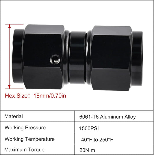 6AN Female to 6AN Female Straight Swivel Coupler Union Fitting Adapter Aluminum Black