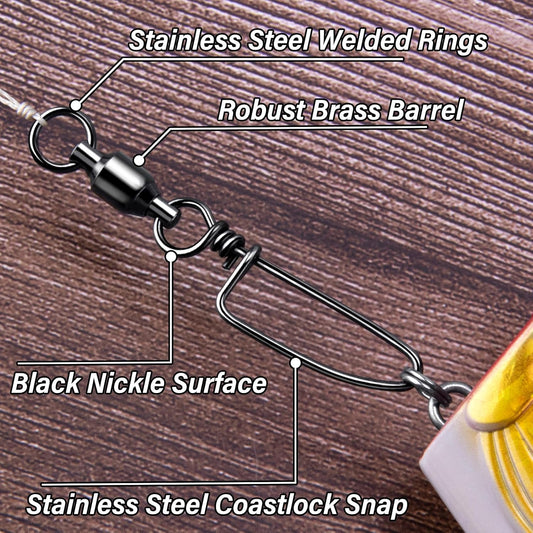 20-Pack Ball Bearing Swivels with Snaps, Fishing Snap Tackle Saltwater Freshwater Coastlock Snaps Barrel Swivel Leader Connector Downrigger Planer Release Clips #2-49lb
