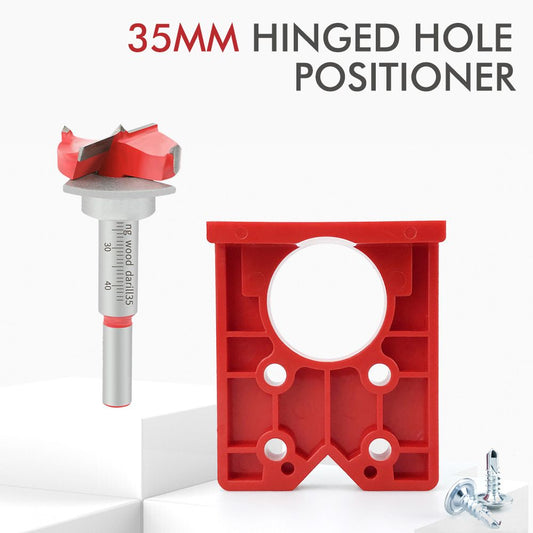 Hinge Hole Locator Kit with 35mm Forstner Bit and Hex Wrench for Cabinet Door Installation, Woodworking Drilling Guide for Hand Drills and Drill Presses (Red)