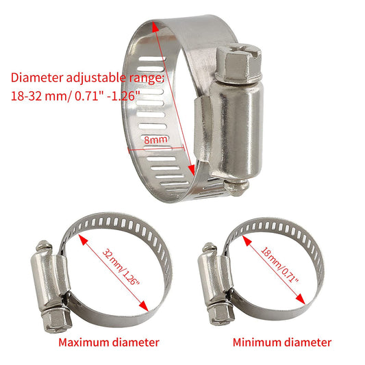 5 Pcs Stainless Steel Hose Clamps, Adjustable 18-32MM Range Worm Gear Hose Clamps for Pipe, Intercooler, Plumbing