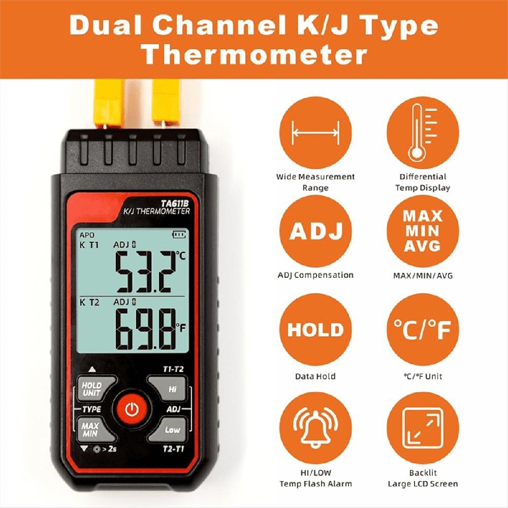 Digital Thermocouple Thermometer Dual-Channel K/J Type Thermometer-328-2501℉ WideRange Industrial HVAC Temperature Meter