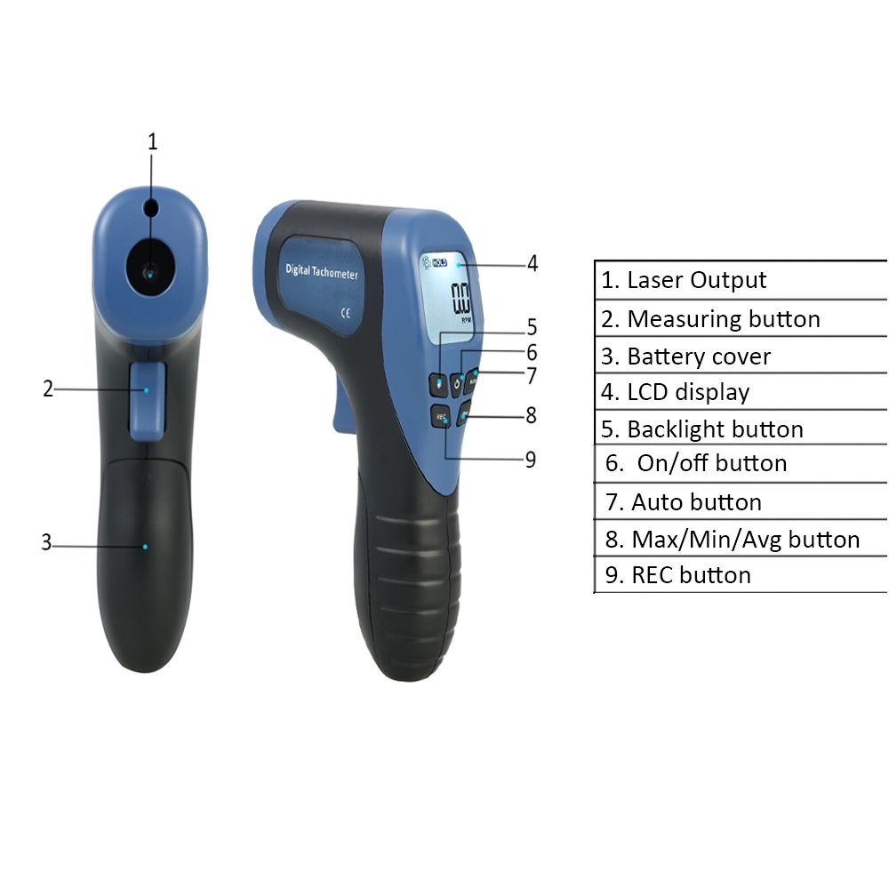 LCD Display Laser Digital Tachometer Automatic Manual Measurement Handheld Gun Type Design Blue