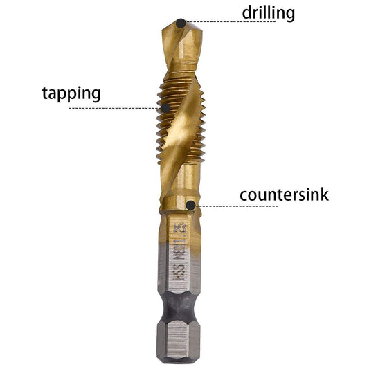 Combination Drill Tap Bit Set 6 Piece Hex Shank Quick Change HSS Titanium Coated Spiral Tap Drill Bit Include Spiral Screw Tap Set