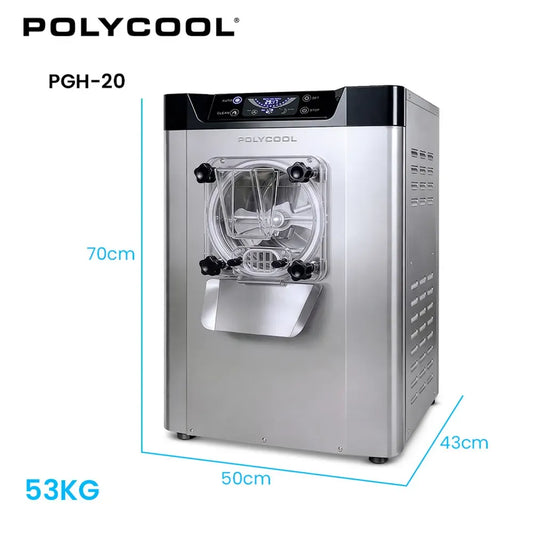 POLYCOOL Commercial 4L Benchtop Hard Ice Cream and Gelato Machine, 16L/hr output, 1400W, Stainless Steel, Digital Control Panel