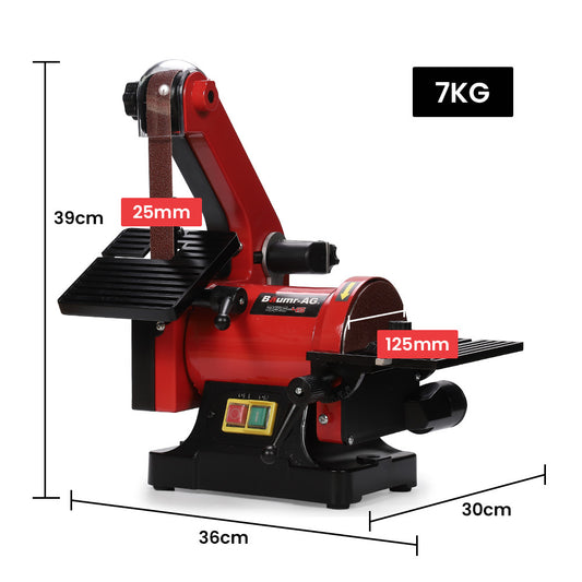 BAUMR-AG Bench Vertical Belt and Disc Sander Combo, 25mm Linisher, 125mm Sanding Disc, Brushless Motor, Dust Collection Ports