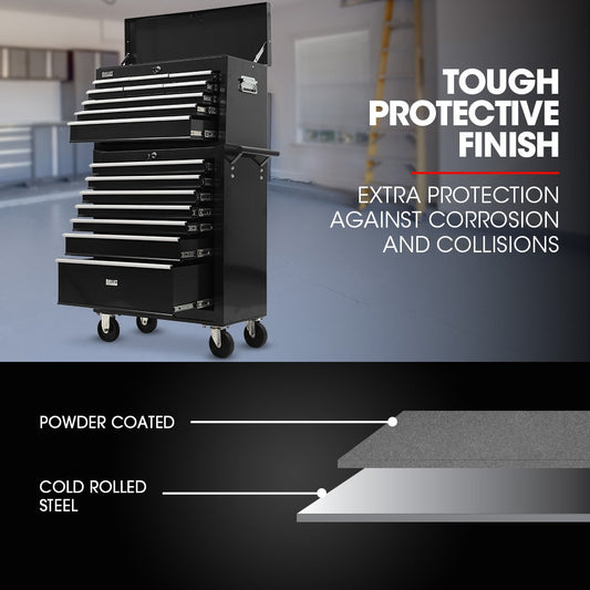 BULLET Pro 16 Drawer Tool Box Cabinet Chest Storage, Toolbox Garage Organiser Set, Black