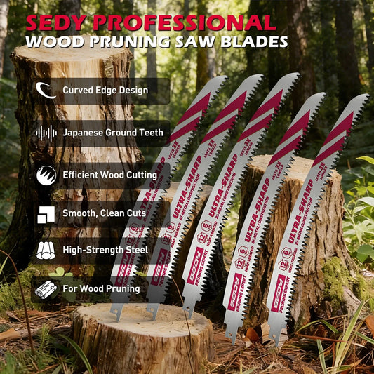 SEDY 5-Pack 12 Inch Japanese Teeth Reciprocating Saw Blades, 6TPI Arc Edge Wood Pruning Saw Blades Set with Storage Box for Tree Trimming, Wood Cutting