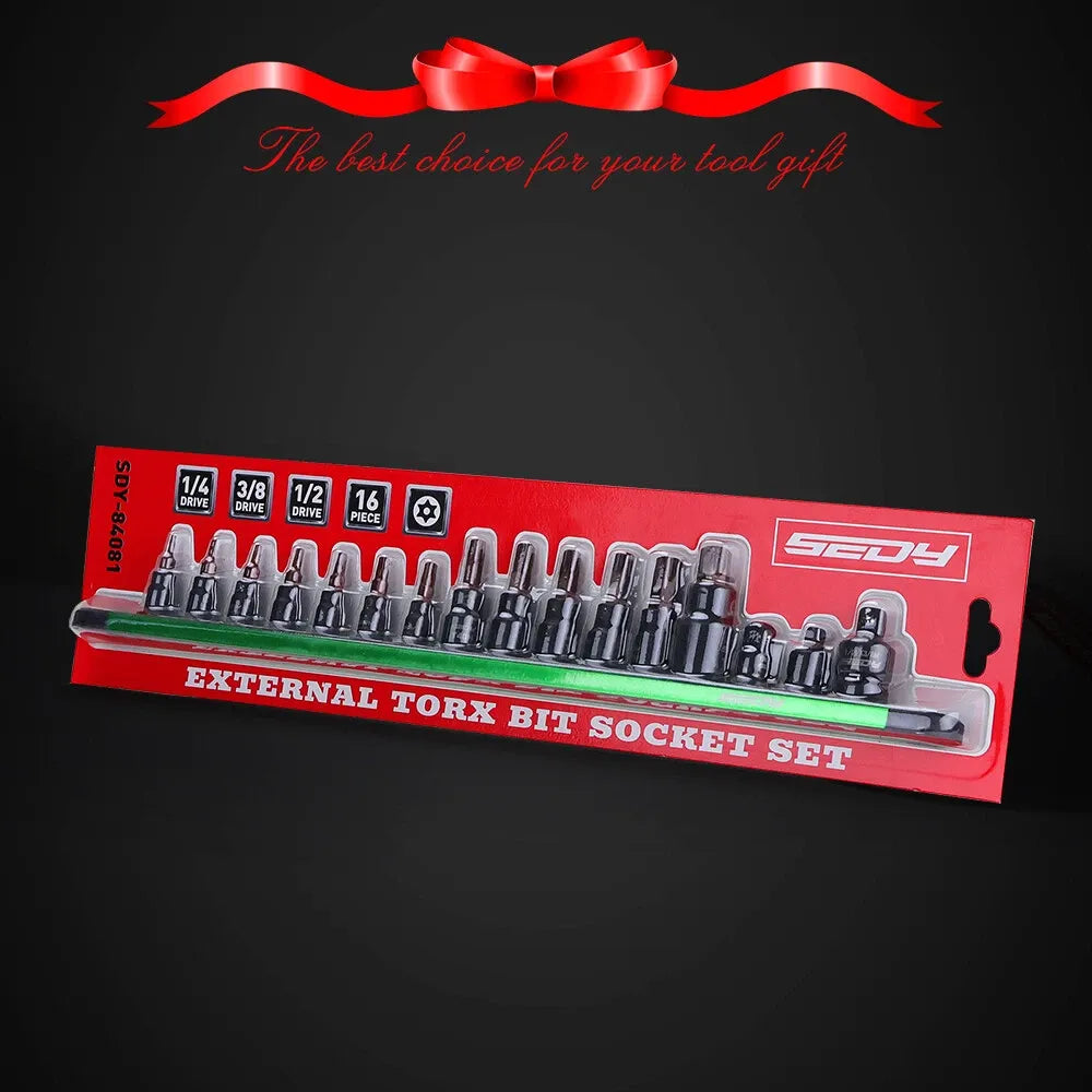 SEDY 16-Piece Tamper-Proof Torx Bit Socket Set, S2 Steel Bits & Cr-V Sockets, 1/4" 3/8" 1/2" Drive, Magnetic Aluminium Rail Organiser for Mechanics