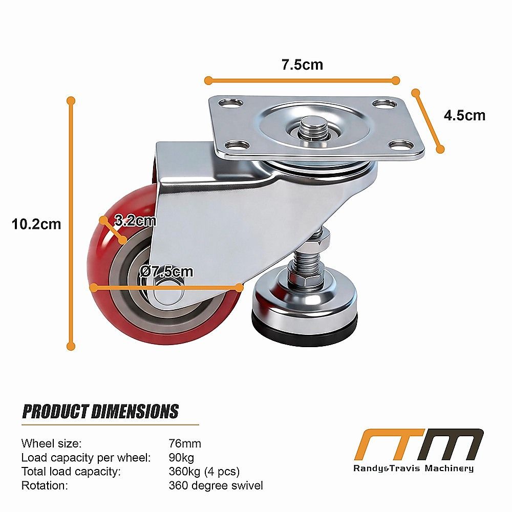 7.6cm Heavy Duty Caster Wheels With M12 Screw Feet 360kg Set Of 4