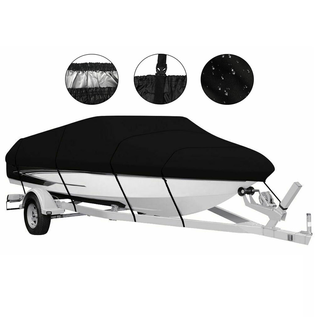 14-16ft Waterproof Boat Cover Trailerable V-Hull Runabout UV Resistant Marine Grade Storage Tarp with Straps (Black, 530cm x 290cm)