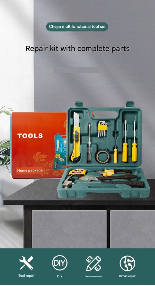 Green 11 Piece Set -Multi-Purpose Home & Car Tool Kit - Durable Blow-Molded Case, Utility Knife, Tape Measure, Pliers, Hammer, Screwdrivers, Allen Keys - Compact Emergency Repair Set for DIY and Auto Maintenance