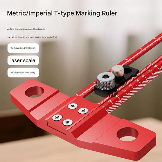 Red Multifunctional T-Square Ruler 0-300mm - Aluminium Alloy with Laser Engraved Scale - Interchangeable Drill Bushings, 90 Degree Marking & Drilling Guide for Woodworking, DIY and Carpentry