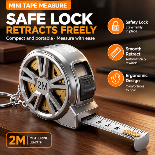 2M Mini Keychain Tape Measure - Compact Zinc Alloy Wheel Design with Stainless Steel Metric Blade, Sliding Lock and Retractable Pocket Measuring Tool
