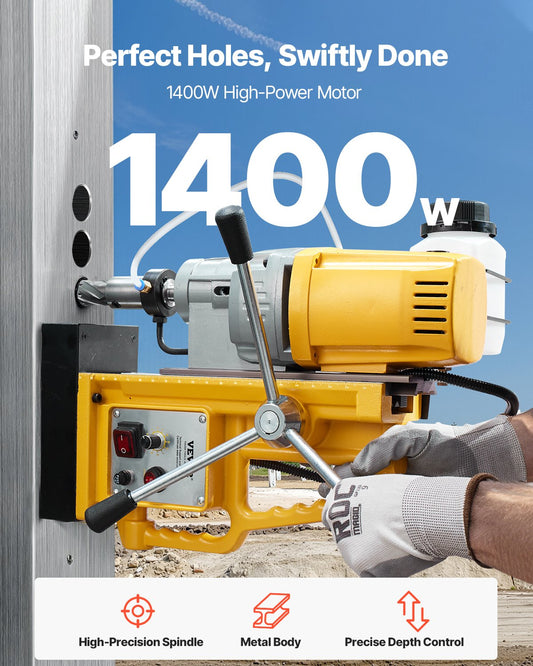 Magnetic Drill, 1400W Motor 2 in Boring Diameter, 2922 lbf Portable Electric Mag Drill Press, 0-750 RPM Variable Speed, Drilling Machine for Metal Surface, Industrial and Home Improvement