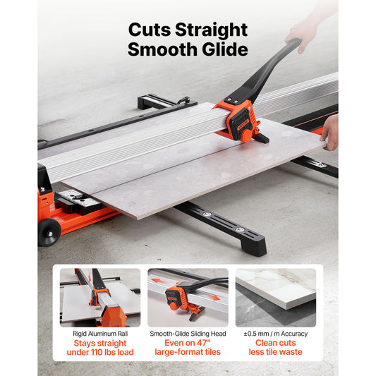 1200 mm Manual Tile Cutter, Upgraded Rail and Sliding Head, Precision Alignment Guide, Tungsten Carbide Cutting Wheel, Support Legs with Swivel Wheels, for DIY Pros, Ceramic, Floor & Wall Tiles