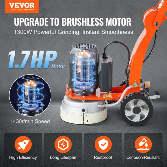 Electric Concrete Floor Grinder 10" Walk-Behind Grinder 3.0HP Concrete Floor Polisher, 2200W Grinding Machine, 1430RPM Upgrade Brushless Motor Surfacing Grinder for Granite/Marble/Stones