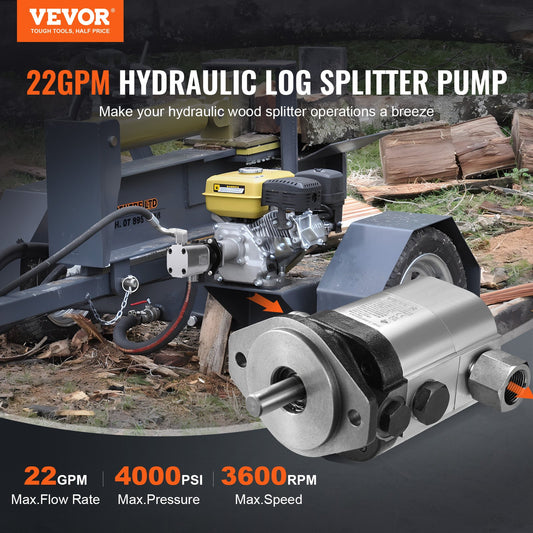 Hydraulic Wood Log Splitter Pump Kit, 22GPM, 2 Stage 4000PSI Aluminum Hydraulic Gear Pump, with Valve Coupling Installation Base 3/4'' NPT Outlet 3600 RPM, for Small Engine Mounting Log Splitter