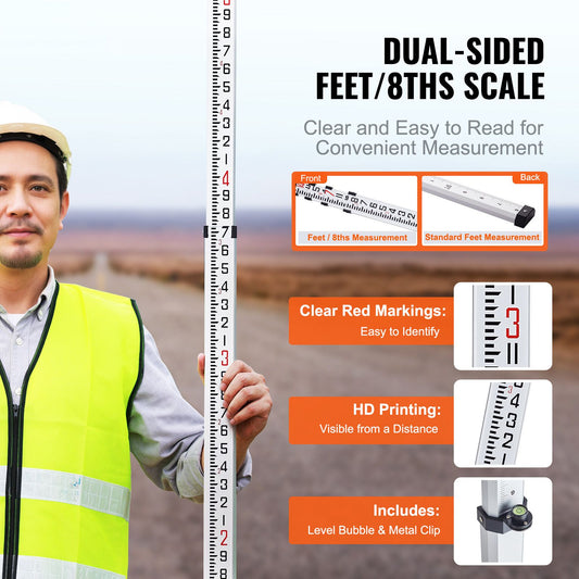 Aluminum Grade Rod, 14-Feet/8ths 4 Sections Telescopic Measuring Rod, Double-Sided Scale 1/8in Leveling Rod Stick, Aluminum Alloy Survey Rod w/ Bubble Level &Carrying Bag for Houses,Walls,Floors