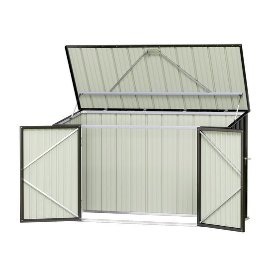 Narrow Giantz bike shed against a fence in a small backyard