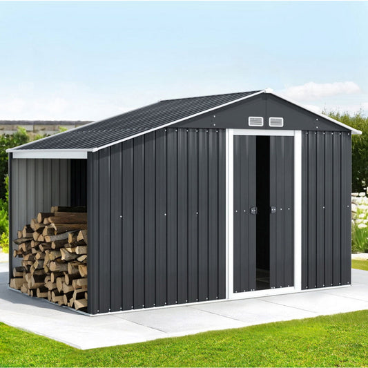 Large Giantz steel garden shed anchored on a base