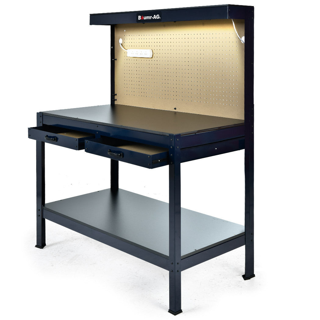 BAUMR-AG steel workbench with LED lights and pegboard