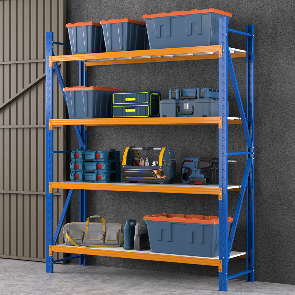 Organised workshop wall with Giantz racking and shelving zones