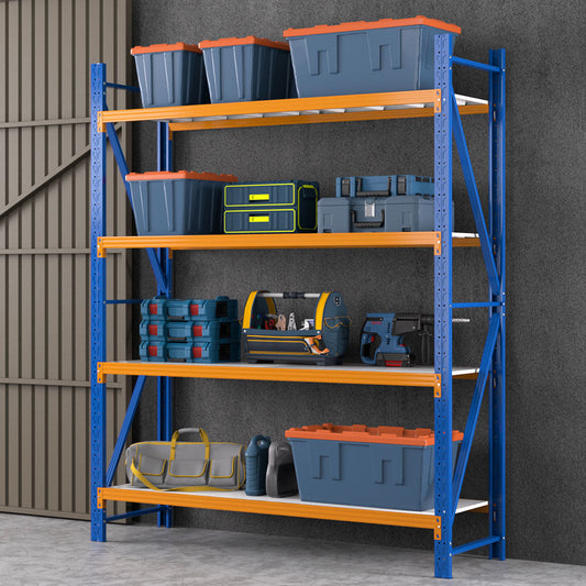 Organised workshop wall with Giantz racking and shelving zones