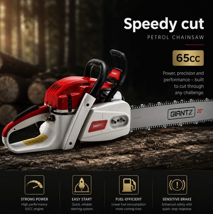 A red and white GIANTZ petrol chainsaw shown on a dark wooden surface with logs in the background, alongside marketing text reading 'Speedy cut' and feature icons for strong power, easy start, fuel-efficient consumption, and sensitive brake.