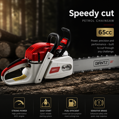 A red and white GIANTZ petrol chainsaw shown on a dark wooden surface with logs in the background, alongside marketing text reading 'Speedy cut' and feature icons for strong power, easy start, fuel-efficient consumption, and sensitive brake.