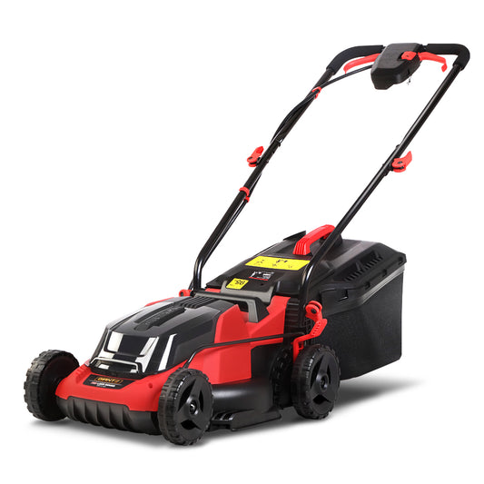 Red and black lawn mower on a white background