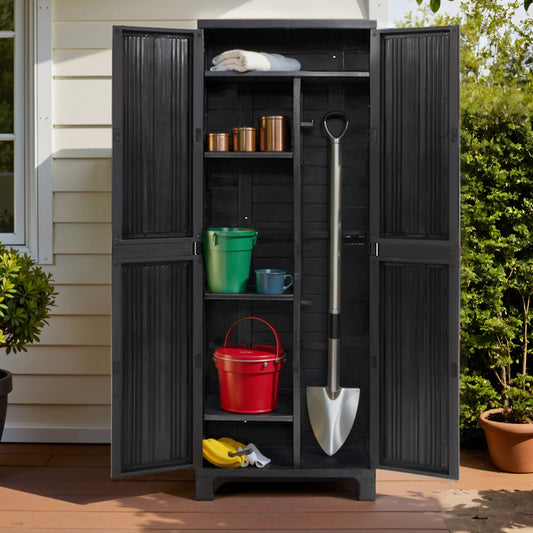 Black outdoor storage cabinet with various items on a wooden deck.