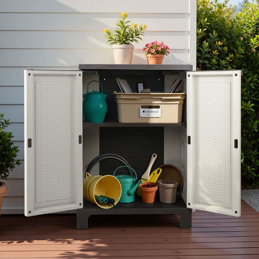 Outdoor storage cabinet with gardening tools and plants on a wooden deck.