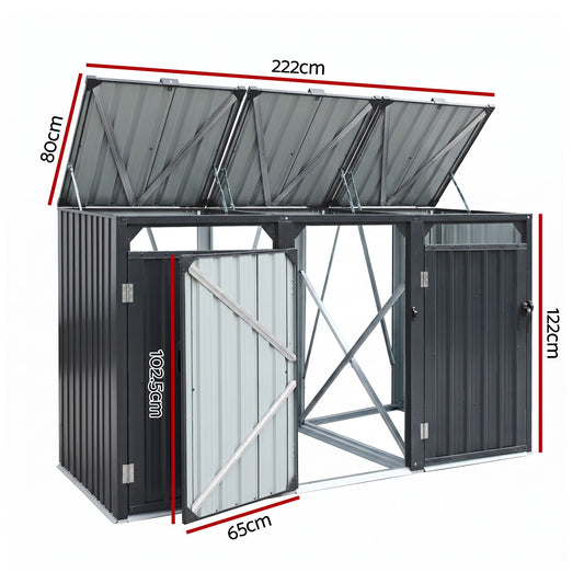 Giantz Bin Shed Triple Wheelie Waste Bins Storage Steel Garden Enclosure Grey