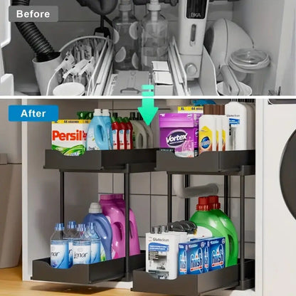 Two-tier pull-out storage rack. An organizational lifesaver for under the kitchen sink. Features adjustable shelves for easy storage of bottles and jars. In a sleek, modern design. Perfect as a kitchen shelf, bathroom organizer, or household storage solut