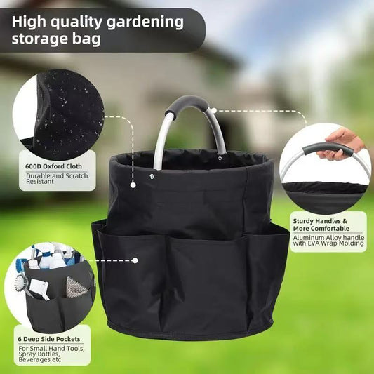 Premium Black Gardening Storage Bag made of durable 600D Oxford cloth, features 6 deep side pockets for small hand tools, spray bottles, beverages, and more. Equipped with an aluminum alloy handle wrapped in EVA molding for enhanced comfort and longevity.
