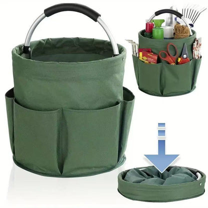Premium Black Gardening Storage Bag made of durable 600D Oxford cloth, features 6 deep side pockets for small hand tools, spray bottles, beverages, and more. Equipped with an aluminum alloy handle wrapped in EVA molding for enhanced comfort and longevity.