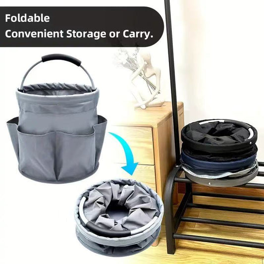 Premium Army green Gardening Storage Bag made of durable 600D Oxford cloth, features 6 deep side pockets for small hand tools, spray bottles, beverages, and more. Equipped with an aluminum alloy handle wrapped in EVA molding for enhanced comfort and longe