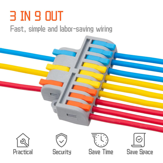 Lever Wire Connectors, 3 in 9 Out Quick Wiring Cable Electrical Connector Compact Push-in Conductor Terminal Block