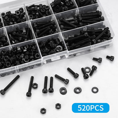 Button Head Socket Cap Screws Bolts and Nuts, 12.9 Grade Alloy Steel, Black Oxide Finish, Fully Threaded, Assortment Kit 520PCS