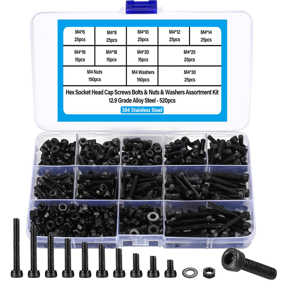 Button Head Socket Cap Screws Bolts and Nuts, 12.9 Grade Alloy Steel, Black Oxide Finish, Fully Threaded, Assortment Kit 520PCS