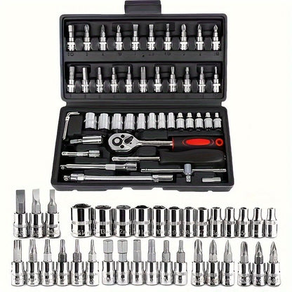Basic automotive repair manual tool set, including a set of mechanical tools, including ratchet handle, extension pole, universal joint, slider, SAE and metric sockets, hex wrench, and plastic toolbox, excluding batteries. Uncharged manual tool set