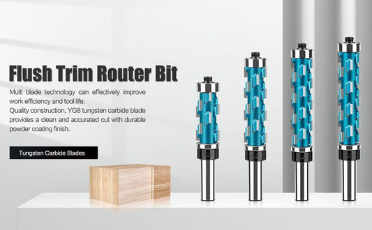 Double Bearing Spiral Flush Trim Router Bit 1/2" Shank - Solid Carbide Blade with Teflon Coating, 19mm Diameter for CNC/Edge Banding/Hardwood - Blue - Size 1/2" Shank-D19-L75