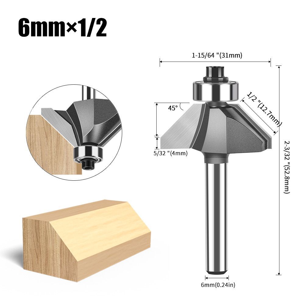6mmX1 45-Degree Chamfer Router Bit with Carbide Tip – Industrial-Grade Milling Cutter for Edge Forming, Professional Woodworking Cutting Tool - Silver